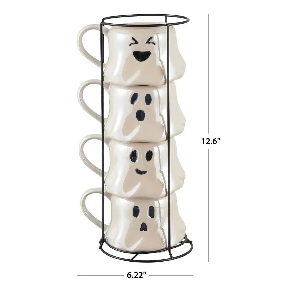 Halloween White Ghost Mug Set With Iron Rack