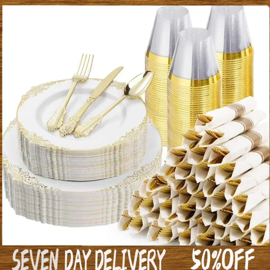 Gold Disposable Dinnerware Sets For 50 Guests