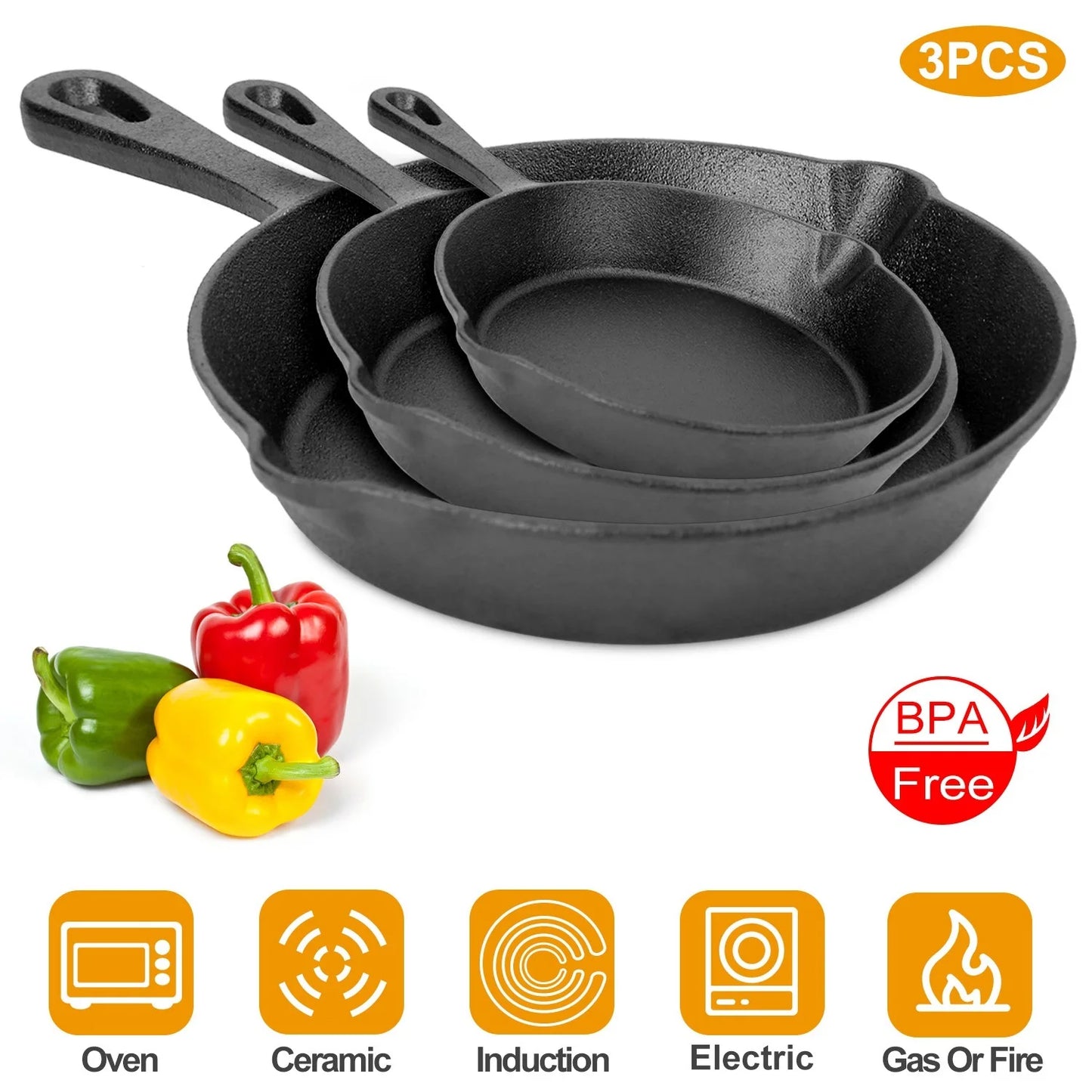 3Pcs Seasoned Cast Iron Skillet Set