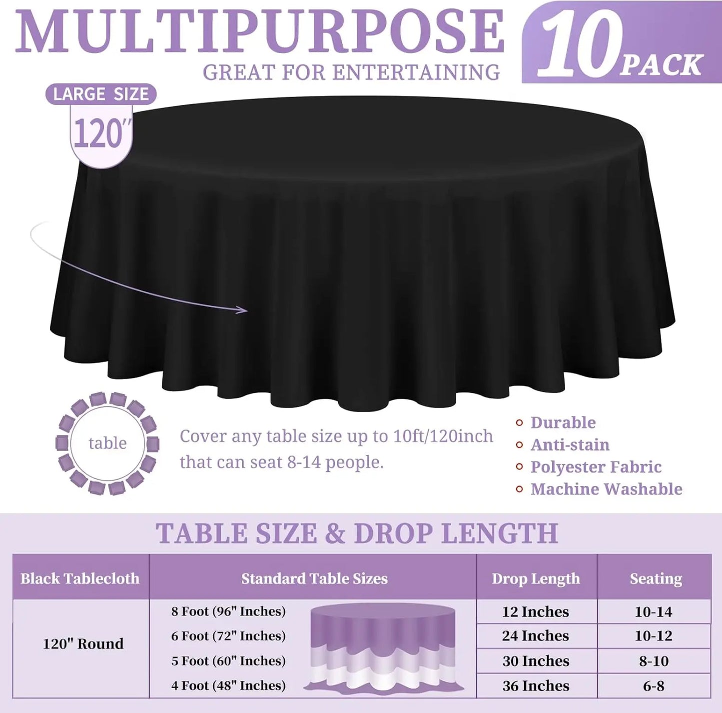 10 Pack Black Round Tablecloth 120 Inch