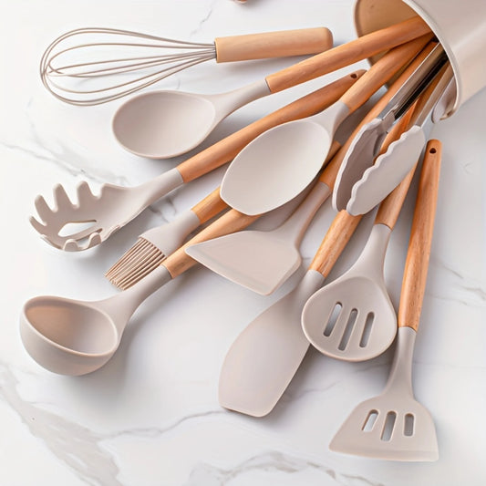 Silicone Cooking Utensils Set With Wooden Handles