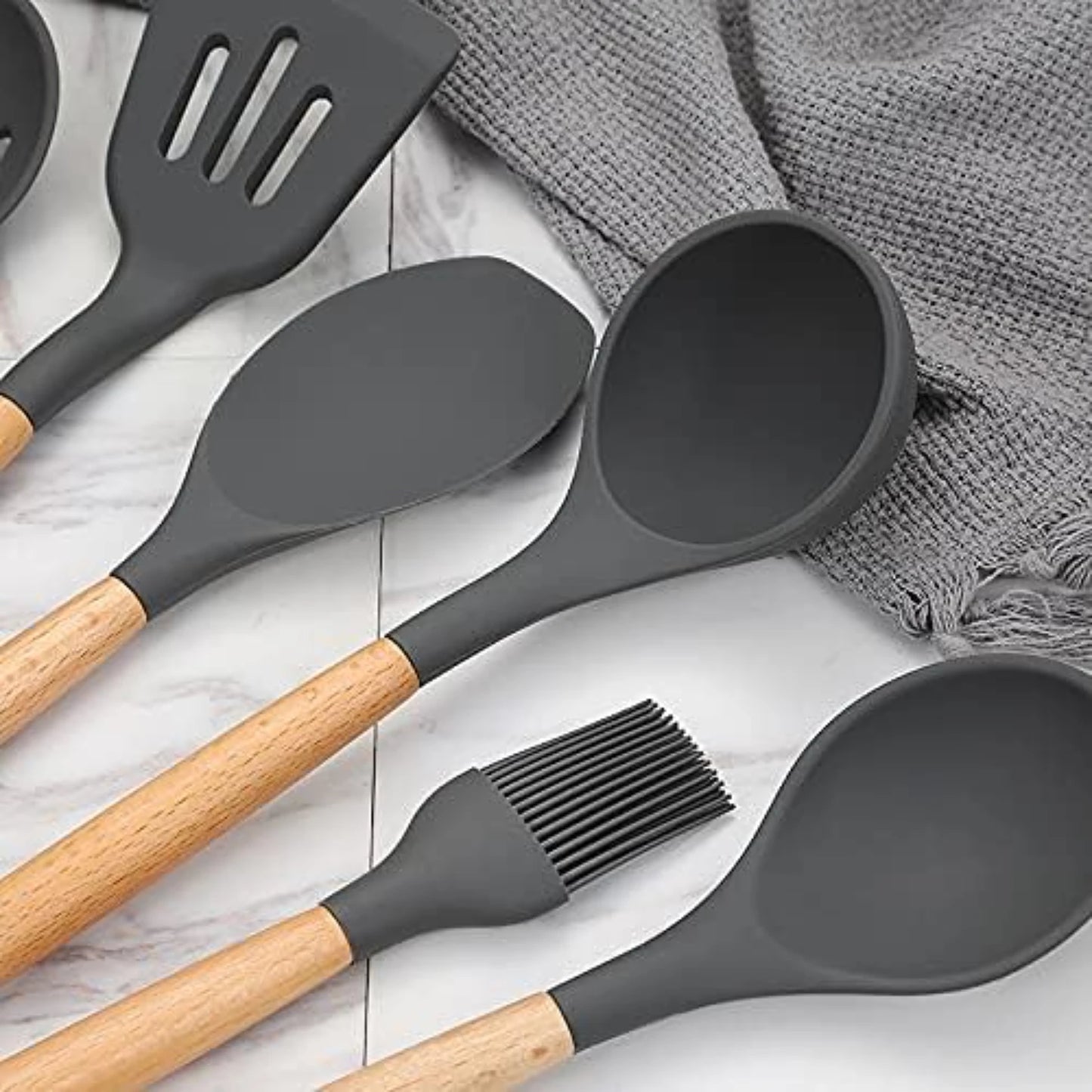 Silicone Cooking  Utensil Set, Wooden Handles