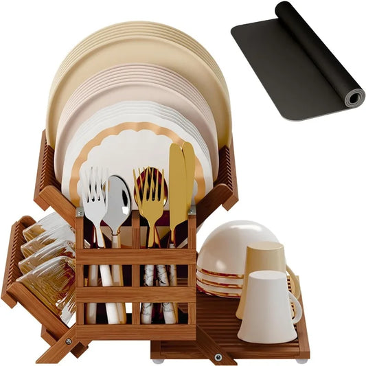 Folding Teak Dish Drying Rack with Utensil Holder,