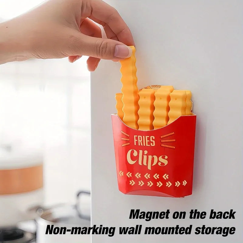 24 cute French fry shaped bag clips, 1 small yellow magnetic can opener, bag clip bottle opener for sealing opened food packages