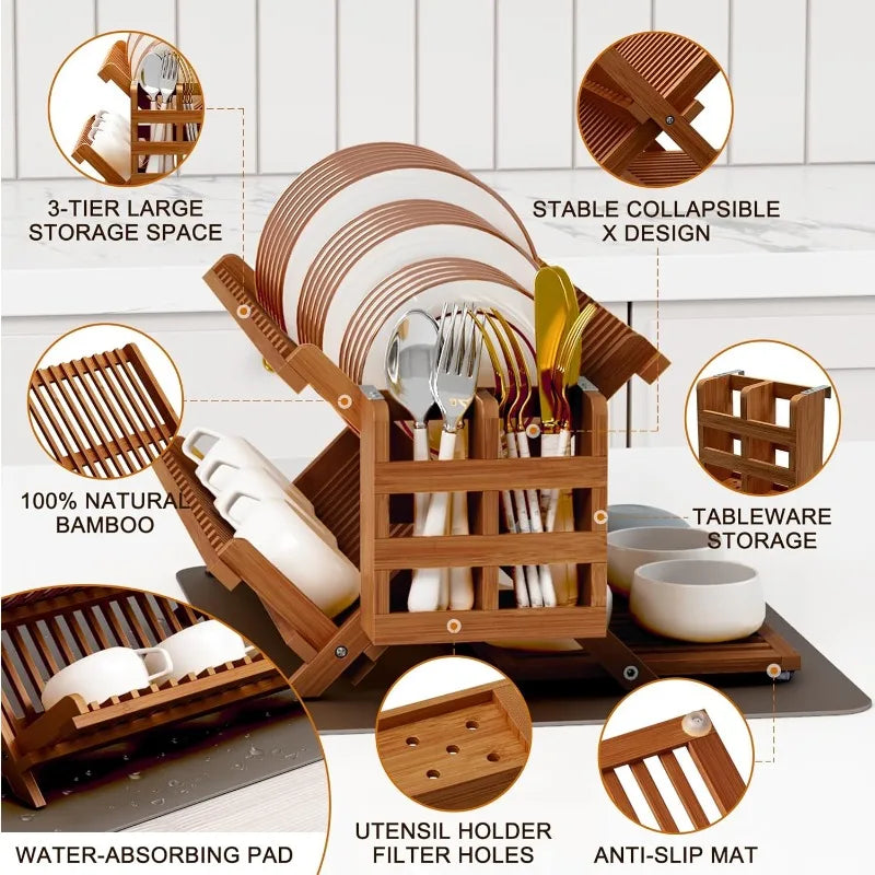 Folding Teak Dish Drying Rack with Utensil Holder,