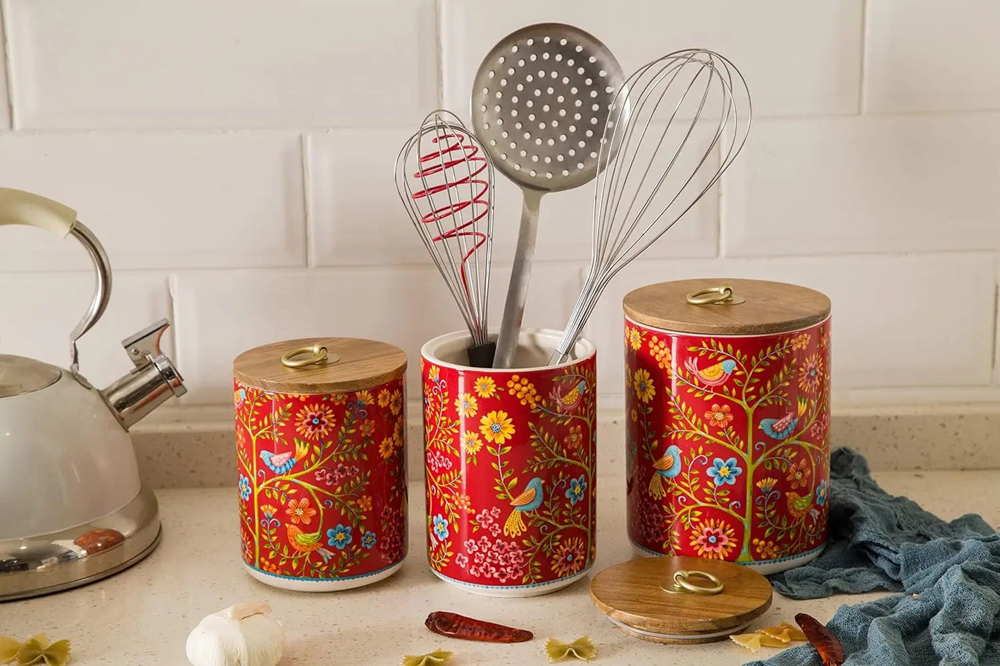 Red Spring Bird Ceramic Canister Set