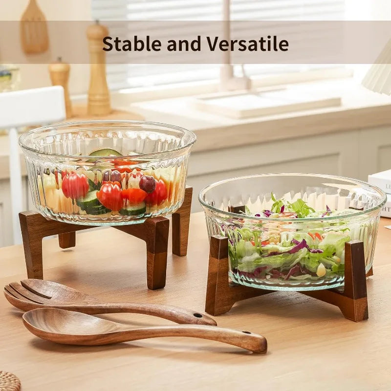 Salad Bowl Set Wood Base/ Serving Utensils