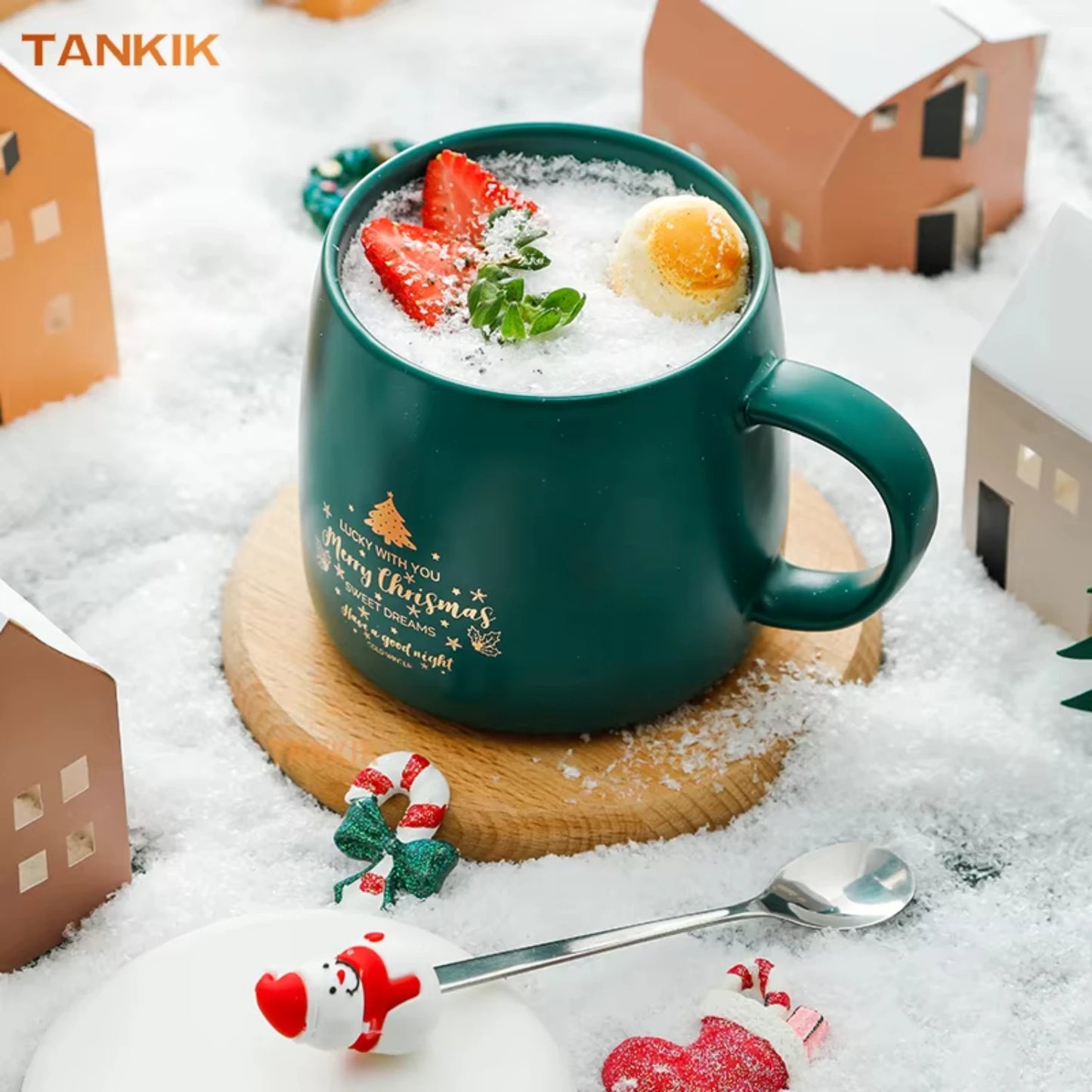 Merry Christmas Ceramic Mug With Lid/Spoon