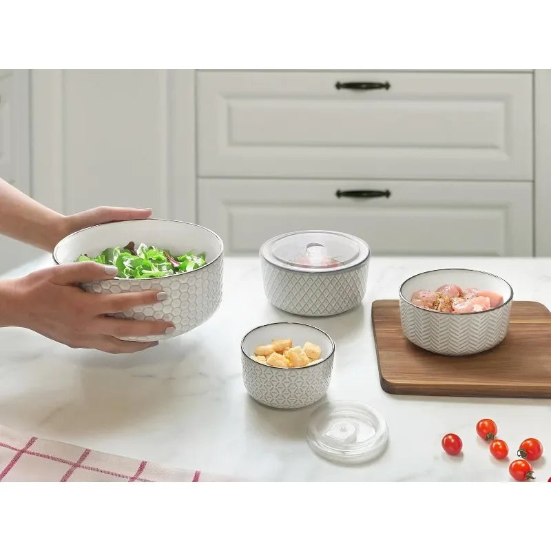 Embossed Ceramic Nesting Bowls with Lids