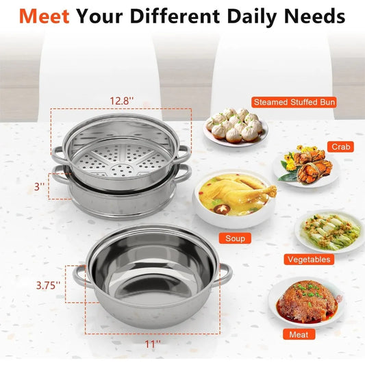 3-Tier 11'' Steamer Set With Glass Lid