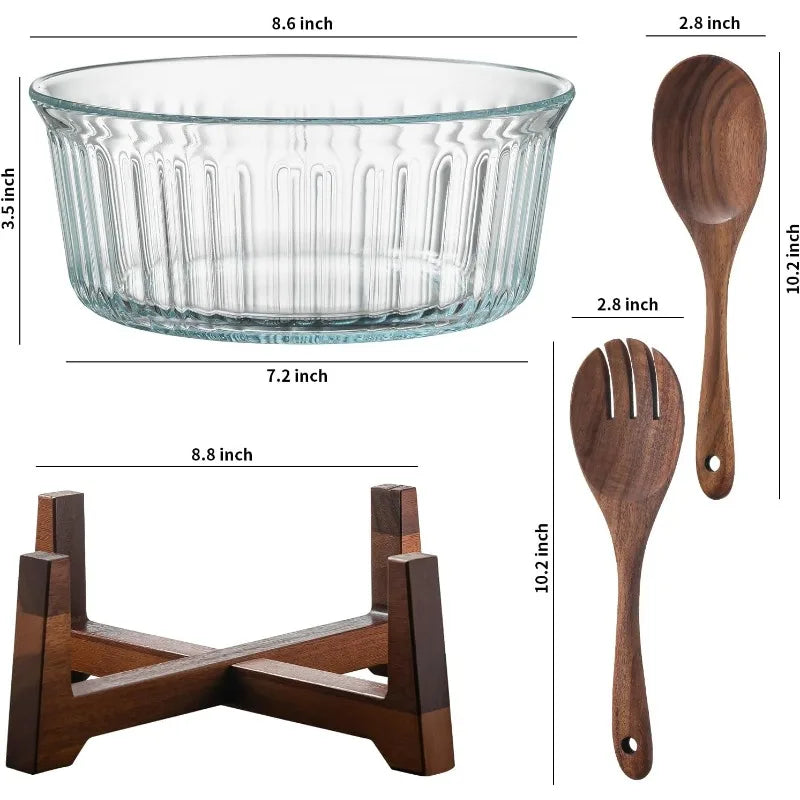 Salad Bowl Set Wood Base/ Serving Utensils