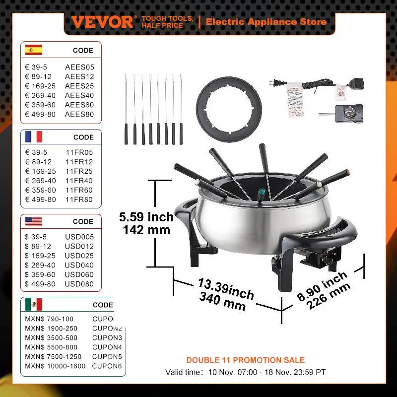 Electric Fondue Set /Stainless Steel/ Temperature Control