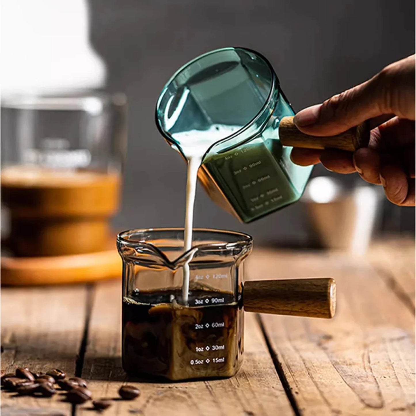 120ml Wood Handle Glass Espresso Measuring Cup