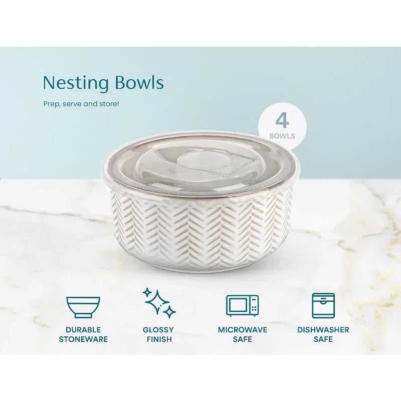 Embossed Ceramic Nesting Bowls with Lids