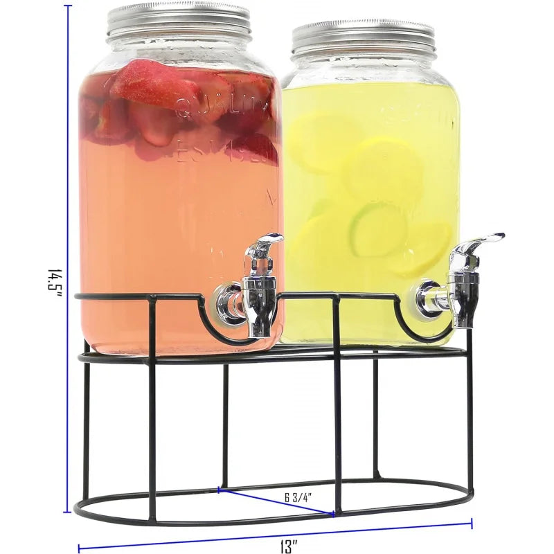 Glass Double Drink Dispenser with Stand - Set of 2, 1 Gallon  Beverage