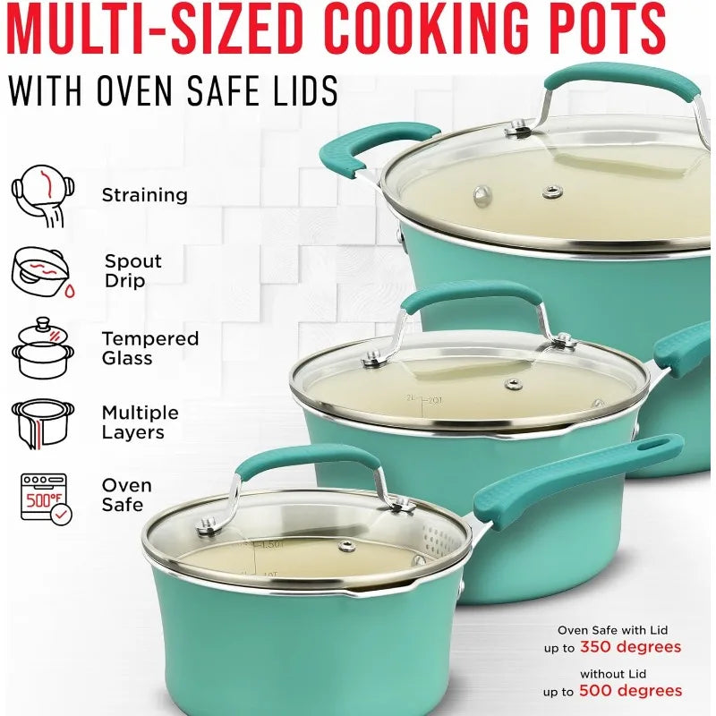 23 Piece–Green Multi-Sized Cooking Pots with Lids