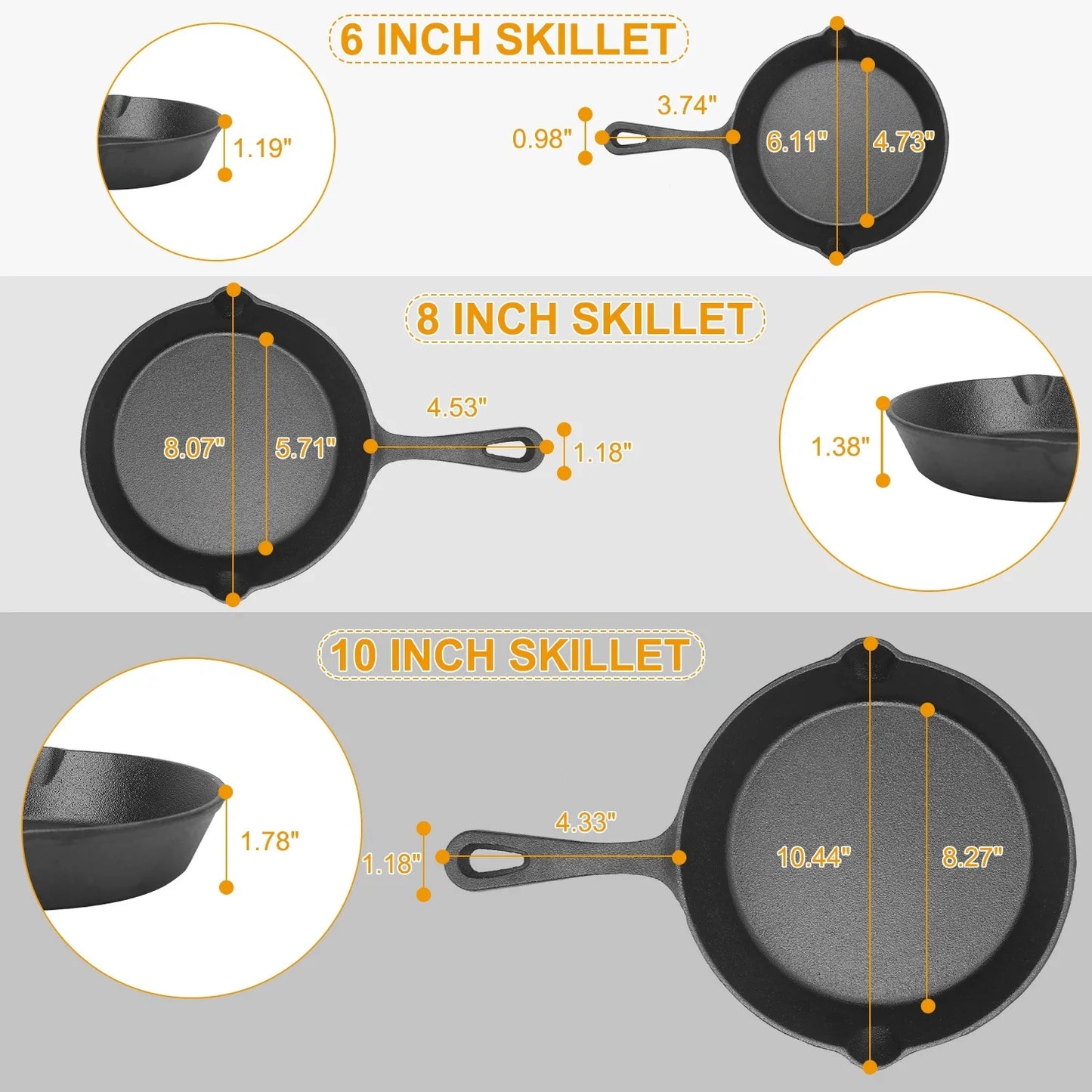 3Pcs Seasoned Cast Iron Skillet Set