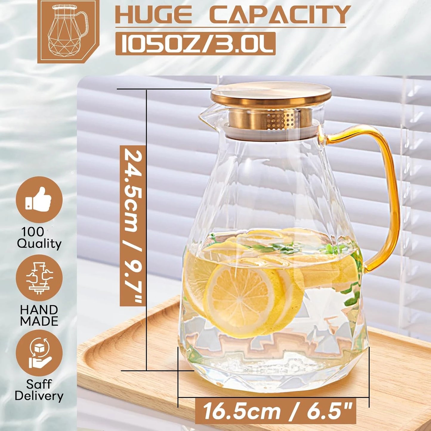 3 Liter Glass Water Pitcher With Lid